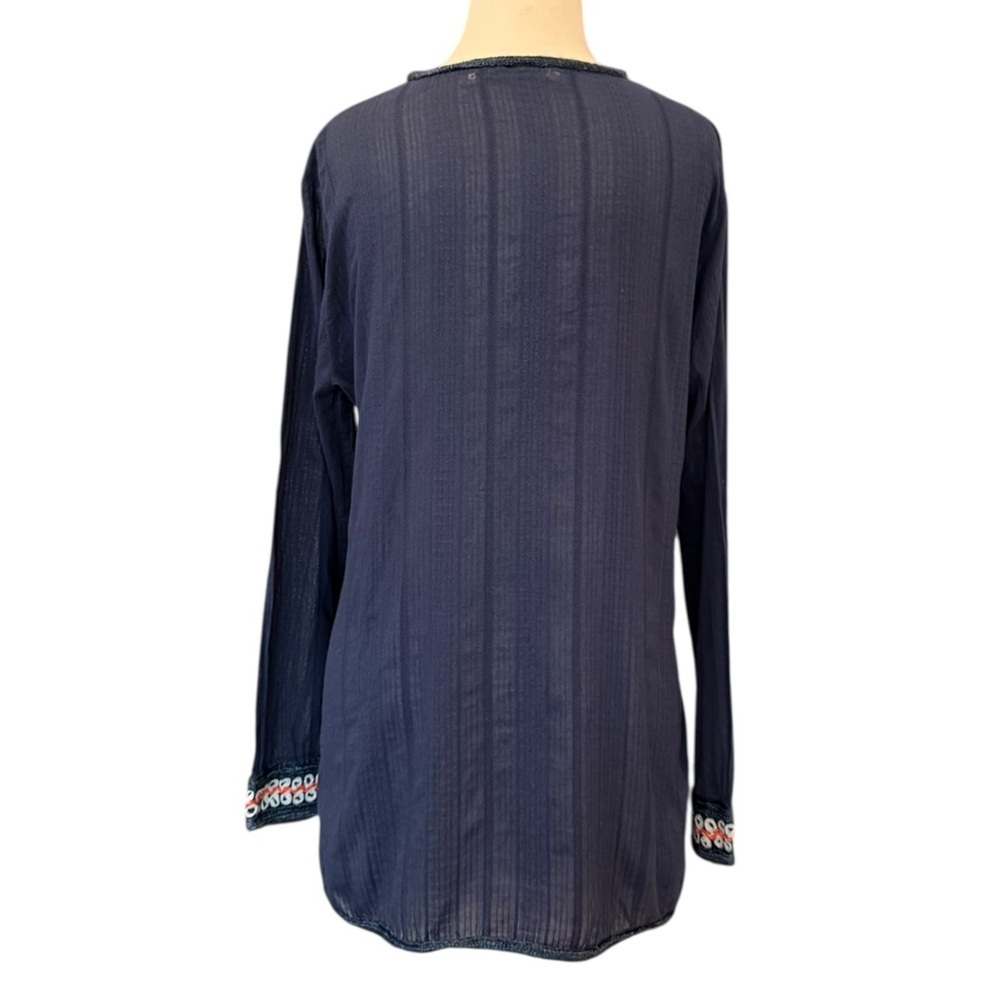 Trina Turk Navy Blue Woven Embroidered V-Neck Long Sleeves Cotton Tunic Sz L - Picture 3 of 11